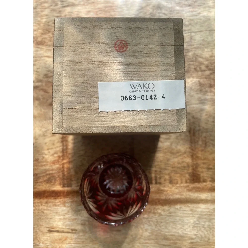 Vtg Wako Ginza Tokyo Edo Kiriko Ruby Red Cut Glass Sake Cup Guinomi Signed Boxed